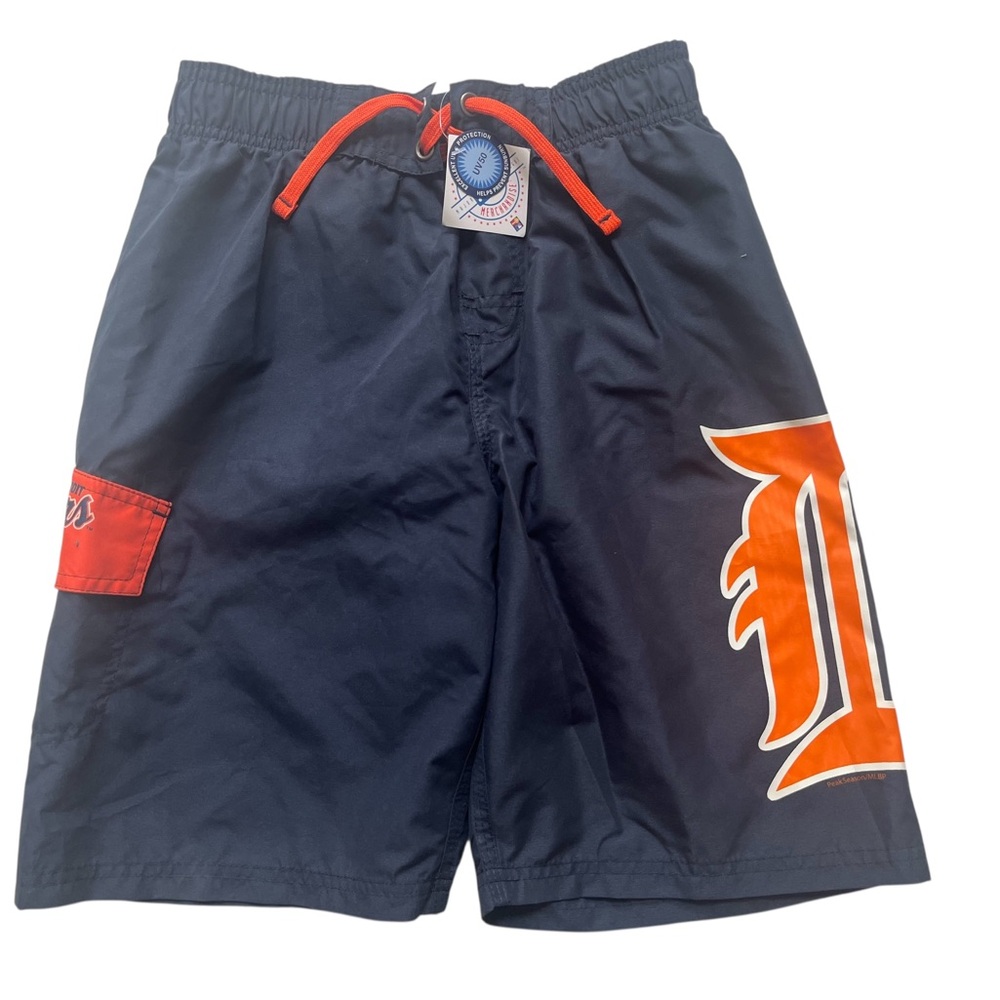 Detroit Tigers MLB Navy Blue Orange Mesh Lined Swim Trunks Boy’s 10/12 New